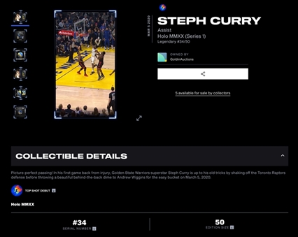 2019-20 NBA Top Shot Holo MMXX (Series 1) Steph Curry Assist (#34/50)